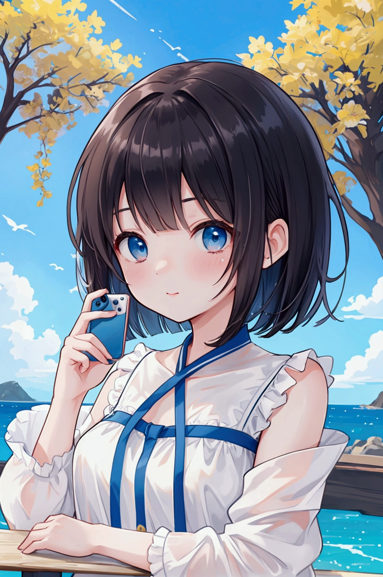 Photorealistic、Highest quality、Highest Resolution、Highest quality、８Ｋ、スマホでtake a picture美しい女性、take a picture、Look at your smartphone、Cute face、Bob cut hair、Dark Hair Color、Pale blue eyes、Beautiful breastountain climbing、Beautiful views、