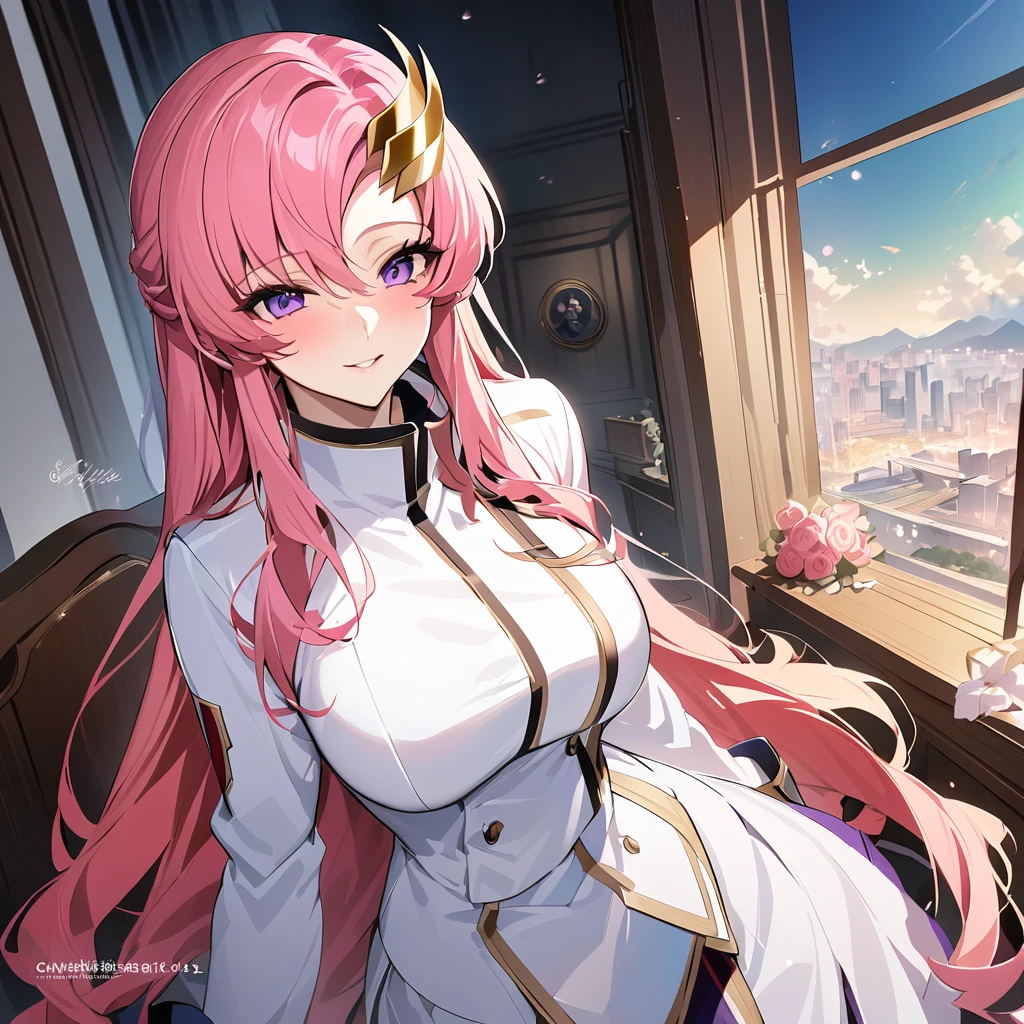 ((Highest quality)), ((masterpiece)), (detailed), （Perfect Face）、The woman is Lacus Clyne, a member of the Foundation and wife of Orpheus, King of the Accord, wearing the Black Knights Code uniform, an engagement ring, beautifully decorated accessories, and a gorgeous hair ornament. She has medium-long pink hair.、Beloved wife of Orpheus, King of Accord