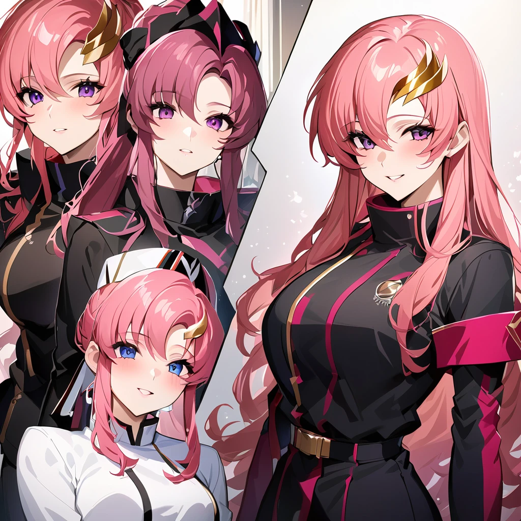 ((Highest quality)), ((masterpiece)), (detailed), （Perfect Face）、The woman is Lacus Clyne, a member of the Foundation and wife of Orpheus, King of the Accord, wearing the Black Knights Code uniform, an engagement ring, beautifully decorated accessories, and a gorgeous hair ornament. She has medium-long pink hair.、Beloved wife of Orpheus, King of Accord