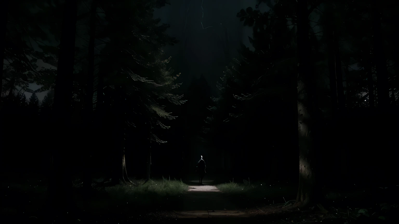 Dense, dark forest with tall trees casting ominous shadows under a faint moonlight, creating an eerie atmosphere. The forest floor is covered with dry leaves that rustle with every movement. A sense of foreboding hangs in the air, with occasional whispers and ghostly figures flickering in the distance.