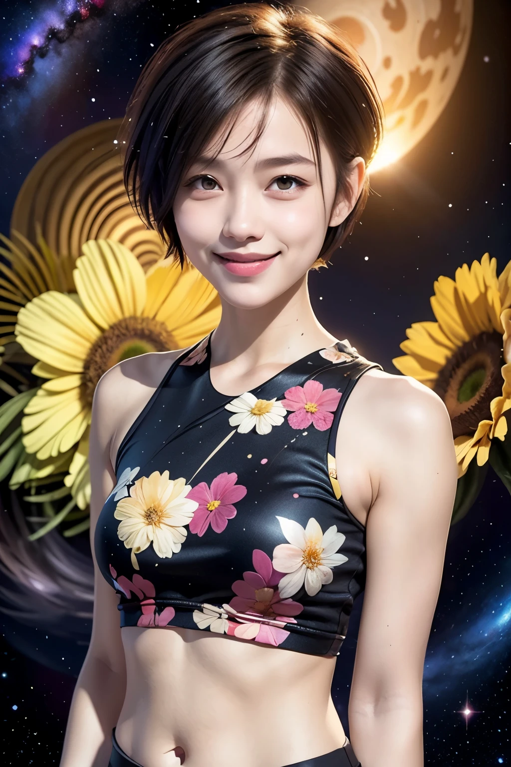258 19-year-old female, (short hair),(Abstract background,universe), smile, flower