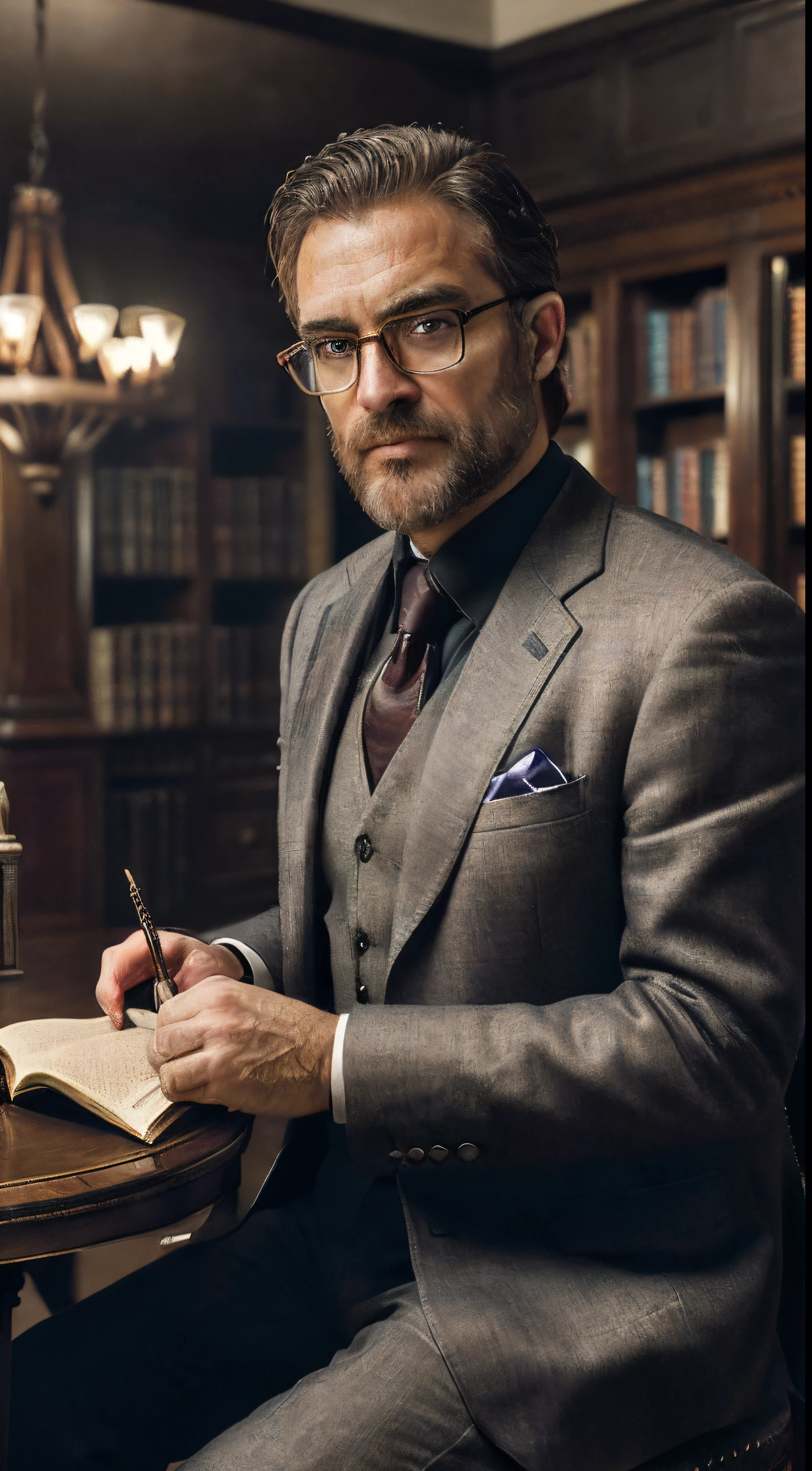 (editorial photography 9:16 of a worker sitting in his living room in, bearded, Calm,confident,look rich,seriously doing your reading, 52yo, eyes browns), (wearing luxury suit, wearing nerd glasses, detailded:1.3), (highly detailded face:1.4), (background inside dark, grumpy, private study library, old furniture:1.3), (8k, ultra HD, dslr, high qualiy, cinematic lighting, bokeh), (Dramatic and award-winning photography, incredible masterpiece:1.3) (strong depth of field)show book