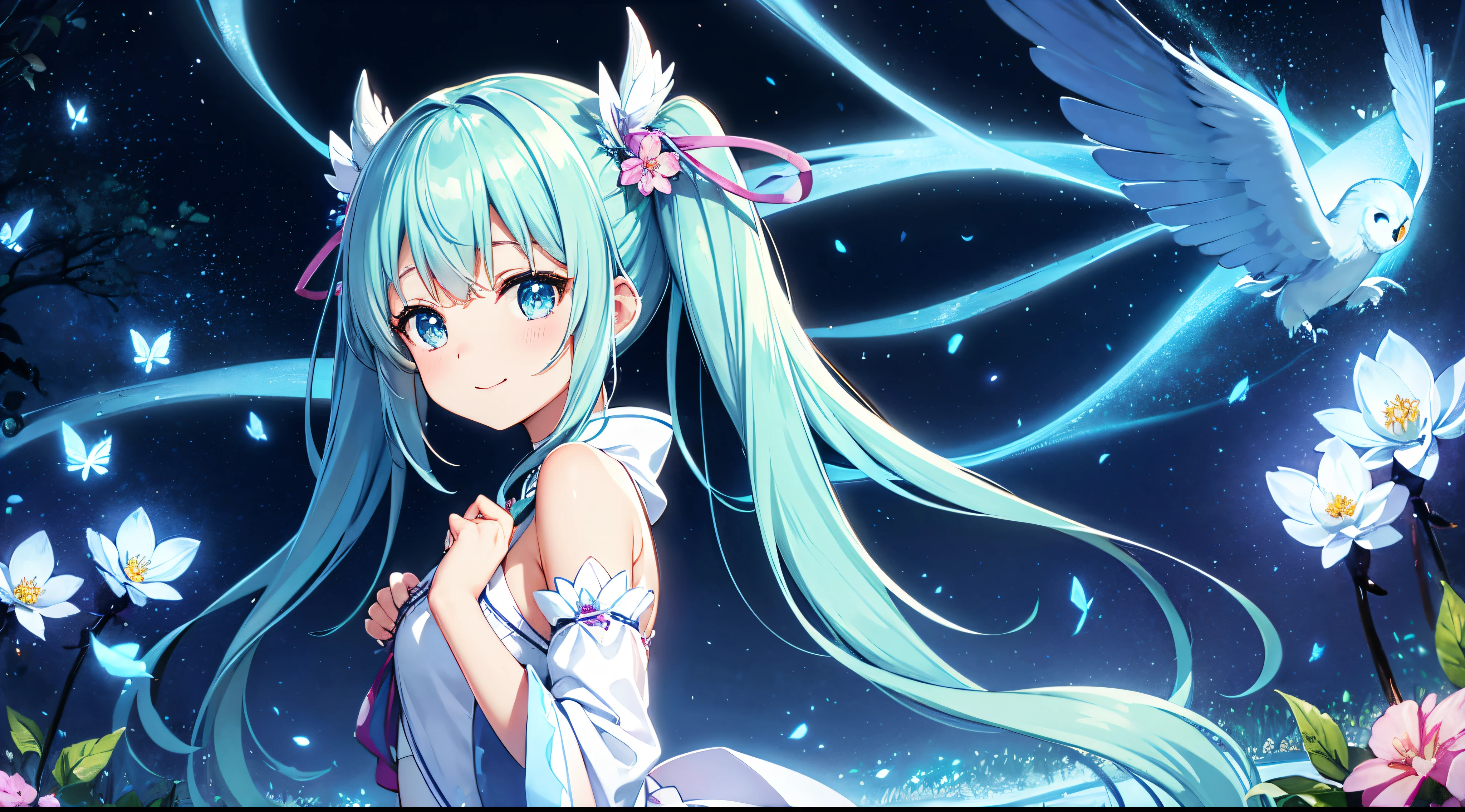 Dynamic Angle、 In the magical forest, A mysterious fairy girl appears, Light blue long hair、Her hairstyle is twin tails.、Adorable smile、Moonlight twinkle, Flowers Bloom、A big pure white owl is flying、、wood々Flapping among the sparkling fireflies, Many beautiful flowers are blooming、Wonderful landscape、A sky full of stars twinkles、 Creating a field where dreams and reality intersect,