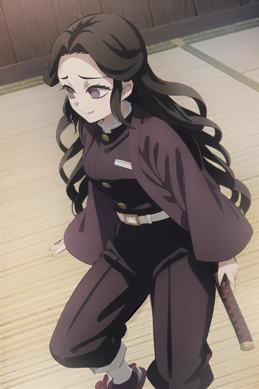 Kimetsu no yaiba style {{Demon slayer uniform, long pants, long sleeved}} Japanese temple, long wavy hair, dark brown hair, dark brown and purple eyes, cheerful, sweet dynamic pose, lace socks, {{belt with black katana}} medium breasts, {{red jacket}} high quality, pretty, good hands, 1girl, 1person