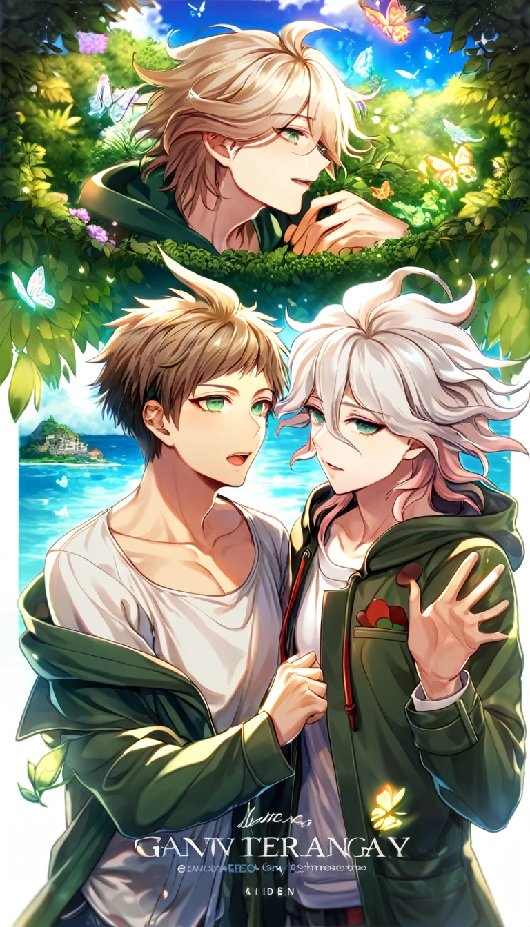 Ultra detailed, HDR, Highres, absurdres, master piece, Aiden, ash blonde hair, expressive green eyes, Komaeda Nagito, white hair, expressive green-gray eyes, green coat with hoodie, white shirt, Danganronpa 2, flowers, butterflies, fantasy, magical, green leaves, summer, handsome, two sexy man together, gay couple, yaoi, love, sensual, island