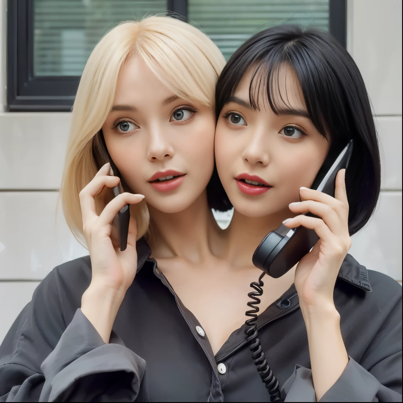 Best resolution, 2heads, woman holding smartphone and telephone, blonde hair, black hair, lipstick, black shirt , wall background, different faces