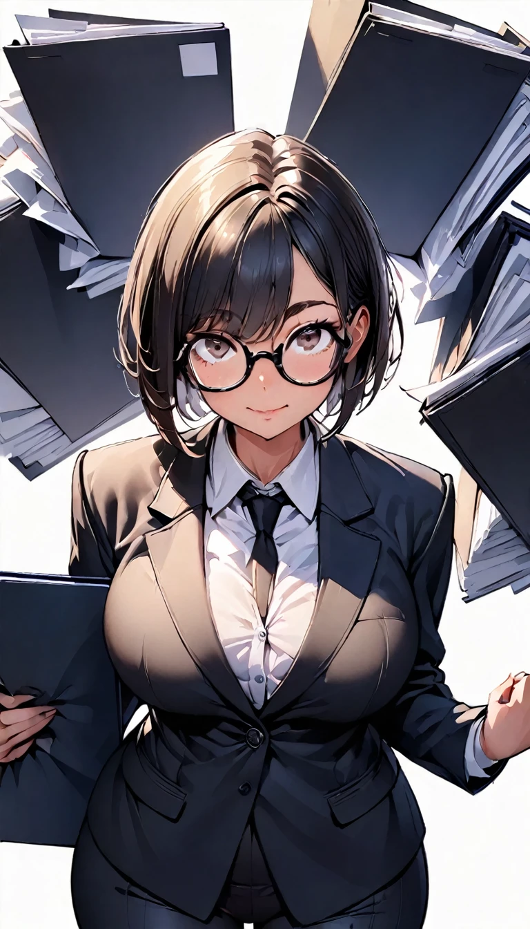 (highest quality:1.2, Very detailed, up to date, Vibrant, Ultra-high resolution, High Contrast, masterpiece:1.2, highest quality, Best aesthetics), Portraiture、girl、solo, ((25-years-old:1)), Bright colors、Beautiful fine details、Beautiful lip detail, short hair、black hair, ((Long bangs:1)), (messy hair:0.6), brown eyes, (thick black frame glasses:1.3), suit, holding documents folder, ((slim body:0.6)), (big breast:0.7), (white background:1.5), ((no background)), (cowboy shot:1.8), (look at viewer:1),standing, facing viewer, front view