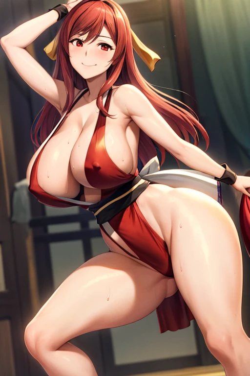 masterpiece, best quality, beautiful art, high resolution, well formed hands, body and fingers, 1 woman, solo, Maou ,adult, grown up, cosplaying as Mai Shiranui , mai_shiranui_cosplay, adult, large and round breasted, cleavage, full body , hair ribbon, gorgeous legs and, thighs, sexy Japanese clothes, hair ornament , sexy legs , hips and thighs, dancing seductively and erotically, turning backwards and forwards, showing her back and front, shaking her body alluringly, red t back thong, smiling joyfully, sweating ,looking at the viewer, bouncing breasts, sweating, flirting, biting her lips, beach environment