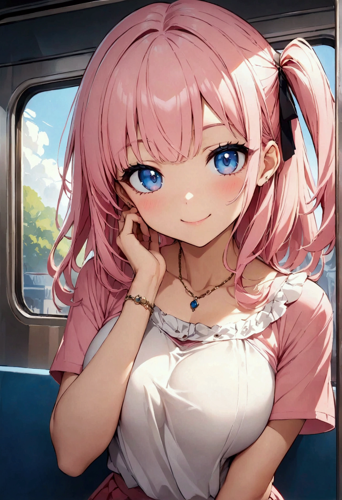 (high resolution,high quality)anime、Beauty、cute、Stylish、Pink Hair、One Side Up、sexy、Stylish casual clothes、Pink short sleeve top、hot pants、View your viewers、smile、on the train