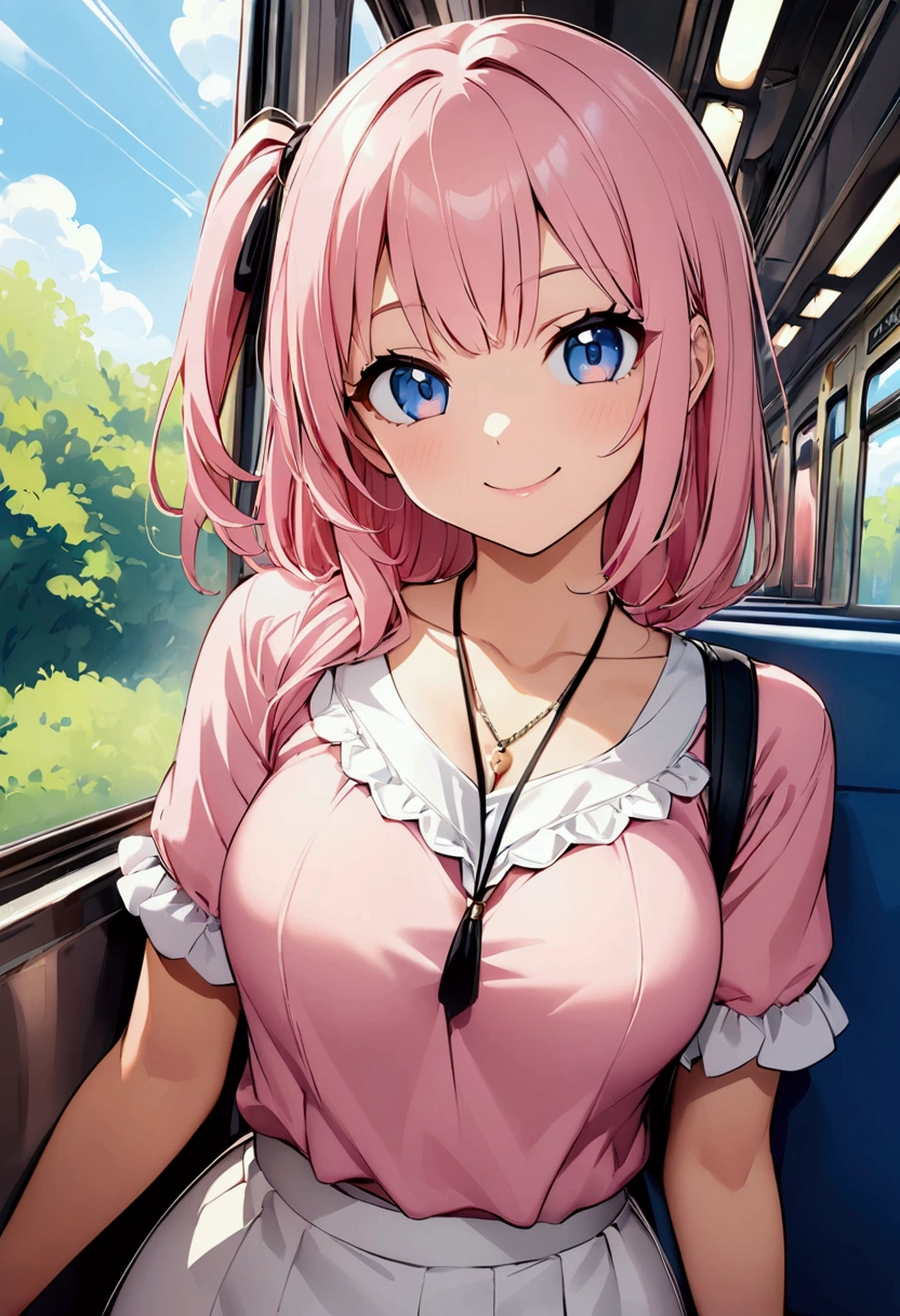 (high resolution,high quality)anime、Beauty、cute、Stylish、Pink Hair、One Side Up、sexy、Stylish casual clothes、Pink short sleeve top、hot pants、View your viewers、smile、on the train
