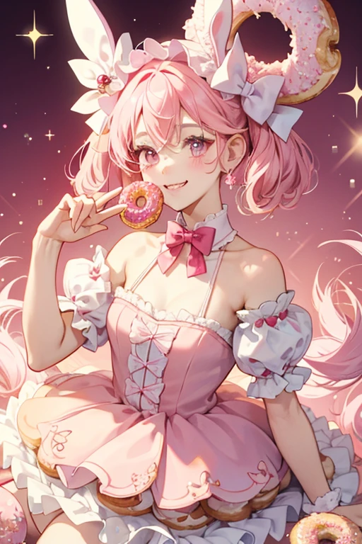 Cherry Ann is a cruller girl bunny with cherry icing covering her head and slightly powdered. She has a small smile and winking eye, and wears a pale pink powdered donut bow. A bite is in her right ear. SPARKLE; GLITTER