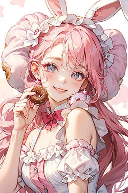 Cherry Ann is a cruller girl bunny with cherry icing covering her head and slightly powdered. She has a small smile and winking eye, and wears a pale pink powdered donut bow. A bite is in her right ear. SPARKLE; GLITTER
