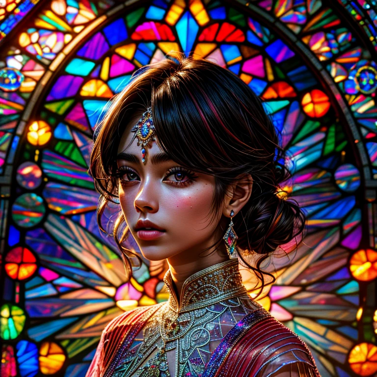 SFW, concept art, Tiny junior idol, Delicate lace knitted white clothes, (nipple:-0.9), face closeup, (Elaborate stained glass Background:1.37), (((Renbutsu Misako), colorful Light shines through delicate stained glass:1.2, vivid red colors, Luminous Particles, light Particles))(Acutance:0.8). (ProfessionalPhoto:1.2),(ultra-detailed:1.37), (Extremely detailed KAWAII face variations, innocent expression variations), rosy cheeks, intricate detailed eyes with sparkling highlights, long eyelashes with volume, subtle blush on the face. Mystic sight, haze, Impeccable Radiant PearlSkin with Transparency, captivating gaze, ((Dynamic-angle)), whole Body proportions and all limbs are anatomically accurate .