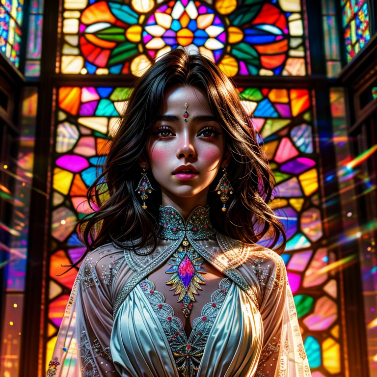 SFW, concept art, Tiny junior idol, Delicate lace knitted white clothes, (nipple:-0.9), face closeup, (Elaborate stained glass Background:1.37), (((Renbutsu Misako), colorful Light shines through delicate stained glass:1.2, vivid red colors, Luminous Particles, light Particles))(Acutance:0.8). (ProfessionalPhoto:1.2),(ultra-detailed:1.37), (Extremely detailed KAWAII face variations, innocent expression variations), rosy cheeks, intricate detailed eyes with sparkling highlights, long eyelashes with volume, subtle blush on the face. Mystic sight, haze, Impeccable Radiant PearlSkin with Transparency, captivating gaze, ((Dynamic-angle)), whole Body proportions and all limbs are anatomically accurate .