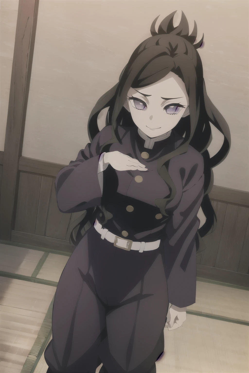 Kimetsu no yaiba style {{Demon slayer uniform, long pants, long sleeved}} Japanese temple, long wavy hair, dark brown hair, dark brown and purple eyes, cheerful, sweet dynamic pose, lace socks, {{belt with black katana}} medium breasts, {{red jacket}} high quality, pretty, good hands, 1girl, 1person