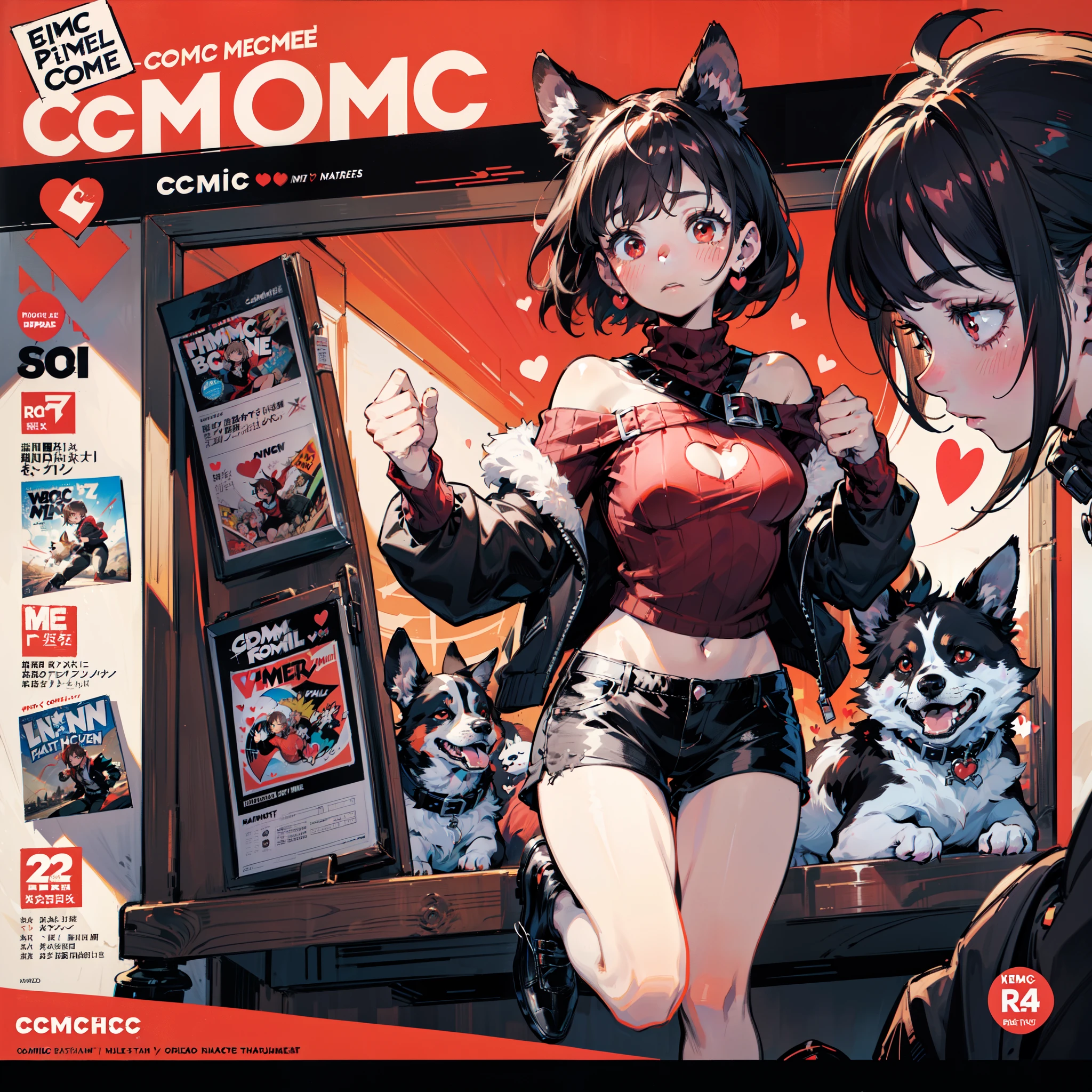 (((comic:1.5))),((Multi view, Frame, Text, speech bubble, frame, heart, trembling, focus line, vibrating line, comic expression, Sound effect)),(1girl,solo focus,navel,charaSF,schizobulia, short hair, brown hair, red eyes, collar, black jacket, off shoulder, fur trim, red sweater, ribbed sweater, turtleneck, shoulder cutout, long sleeves, black shorts, blush sticker,dog collar,black shoes),Intense Yoga Om,lineart, monochrome
