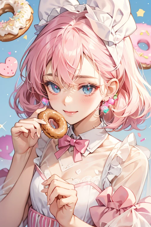 A cruller girl bunny Num with pale pink icing covering her head and slightly powdered. She has a small smile, winking eye and wears a powdered donut bow. A bite is in her left ear. SPARKLE; GLITTER