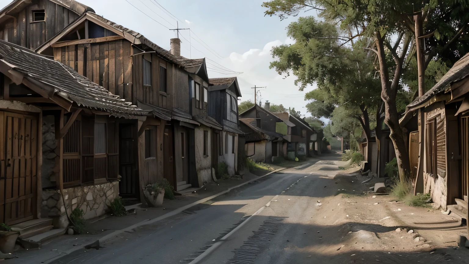 A narrow, deserted village road lined with old wooden houses. The houses have wooden shutters, some hanging loosely, and cracked walls. The wind howls through the village, making the trees and old signboards creak. The atmosphere is tense, with shadows moving in the corners of the viewer's eye.