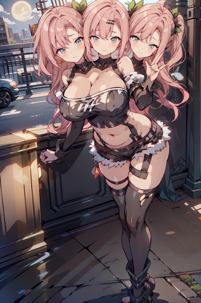 masterpiece, best quality, ultra-detailed, extremely detailed, illustration, 1girl, nicole demara, hair ribbon, hairclip, earrings, black collar, very small crop top, single thighhigh, short shorts, cropped jacket, huge breasts, open belly, thigh strap, detached sleeves, doll, standing, hand on hip, cowboy shot, night street, moon, (3heads:1.5)