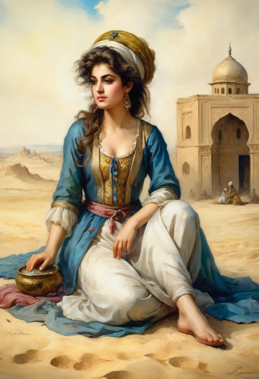 "An attractive young Persian princess is sitting on the sandy desert" ((no style by Jean-Baptiste Greuze / Alberto Altdorfer )), Lush Watercolor Palette Canvas/acrylic, intrikate, extreme detail, Complex key, ((single shot)), ((best qualityer)), ((work of art)), ((realisitic)), 8k, impressionism: 0.2 full HD wallpapers