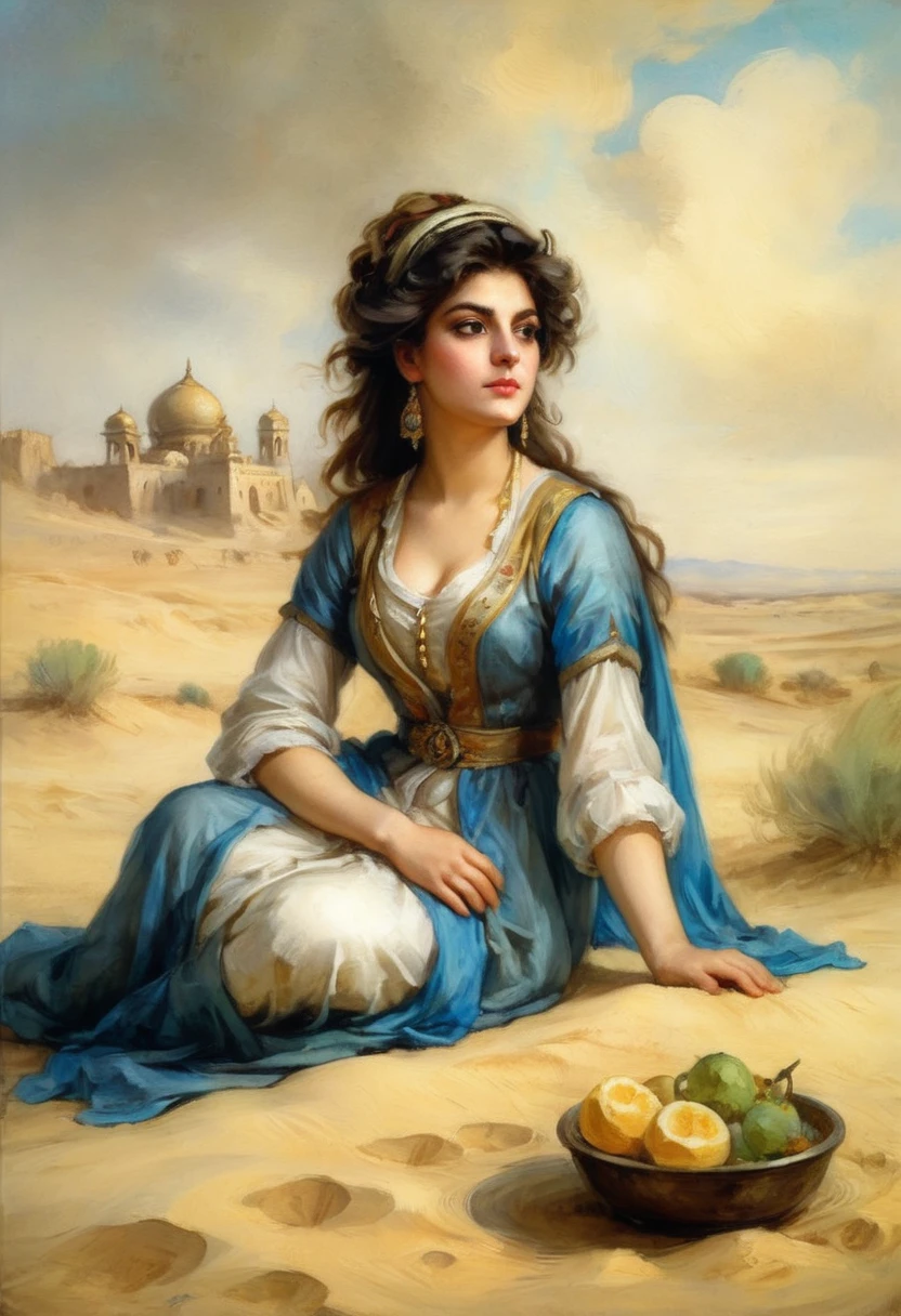 "An attractive young Persian princess is sitting on the sandy desert" ((no style by Jean-Baptiste Greuze / Alberto Altdorfer )), Lush Watercolor Palette Canvas/acrylic, intrikate, extreme detail, Complex key, ((single shot)), ((best qualityer)), ((work of art)), ((realisitic)), 8k, impressionism: 0.2 full HD wallpapers
