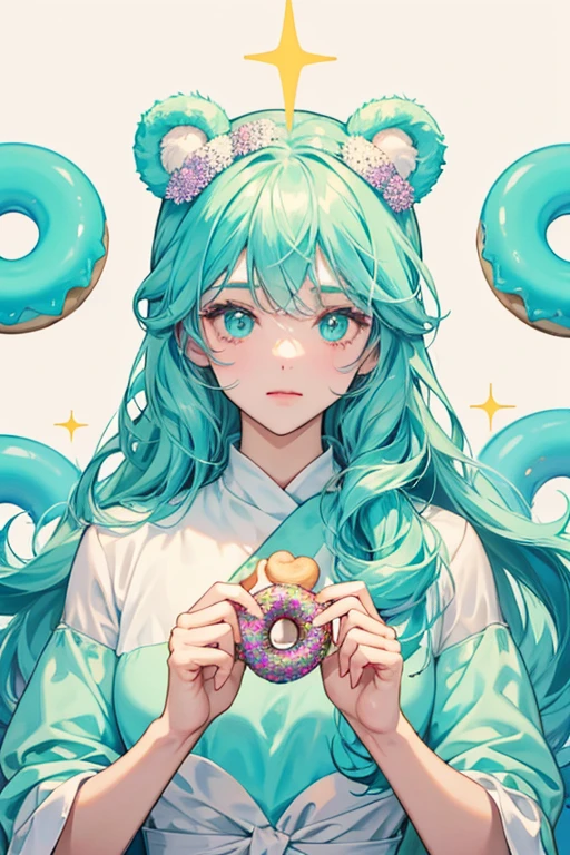 A donut Num with basic face, girl bear ears and no mouth. Mint icing covers the top of his head with a dollop of white cream and icing. SPARKLE; GLITTER