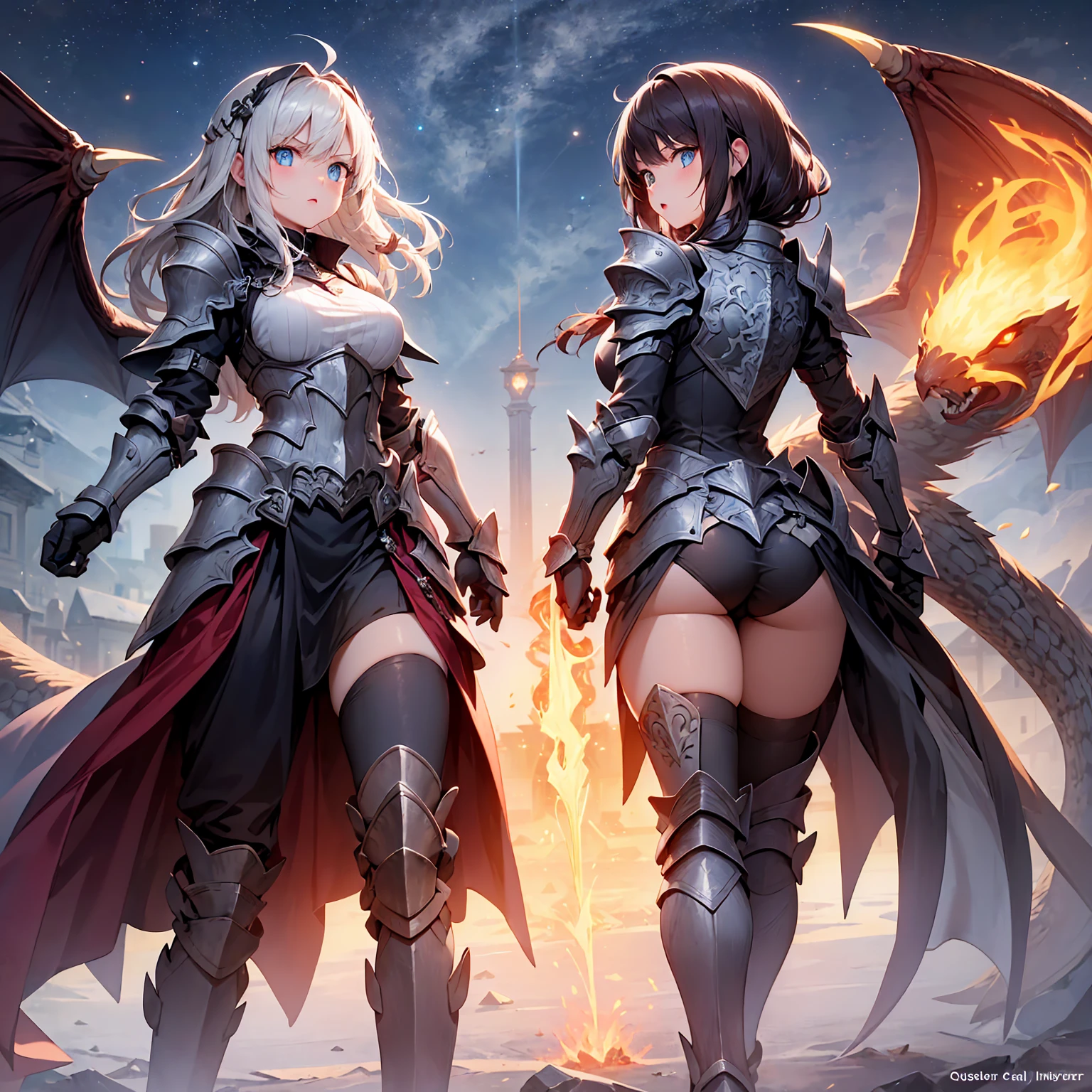 (masterpiece), (best quality), (high uqality), (8k), girl, (full-body), dragon armor, intricate details, red glow, short shilver hair, back messy hair, detailed hair strands, light blue eyes, dominance expression, walking in lesser caotic place as she rule the world, fire background, and dragons in the night sky, fierce aura, (high quality ilumination)