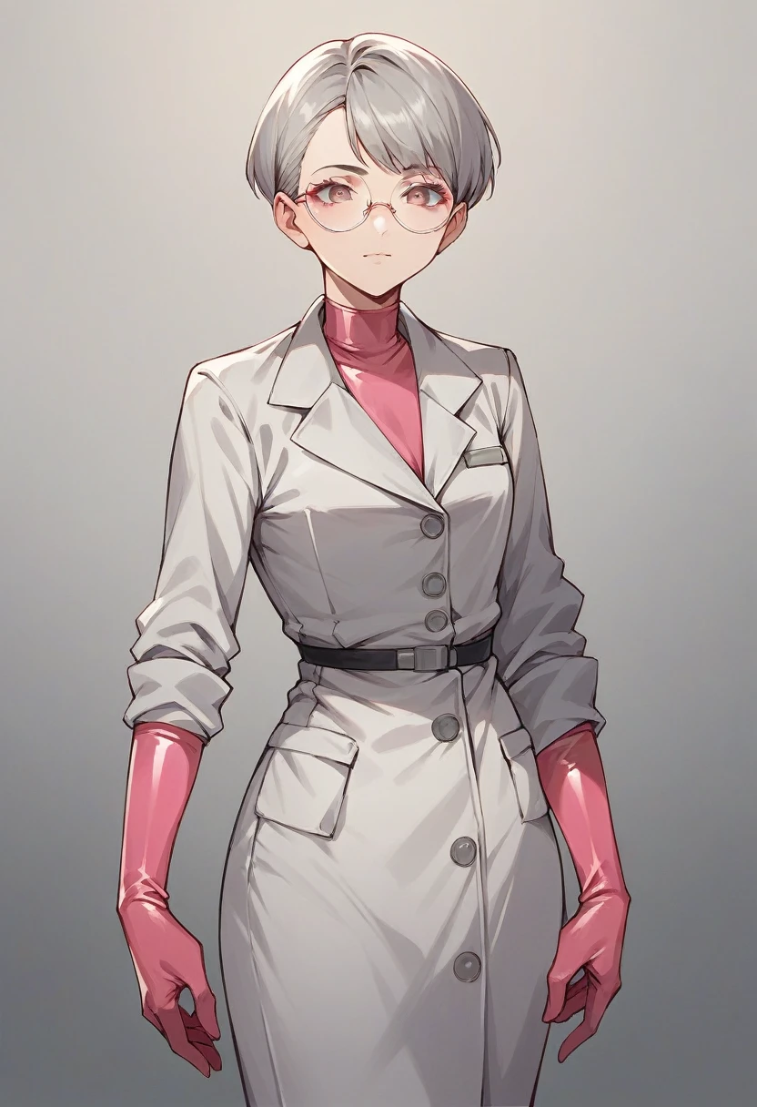 1girl, bangs, round glasses, ((pink elbow gloves)), ((surgical gloves)), ((latex gloves)), ((((long sleeves)))), looking at viewer, ((gray doctor outfit)), standing, solo