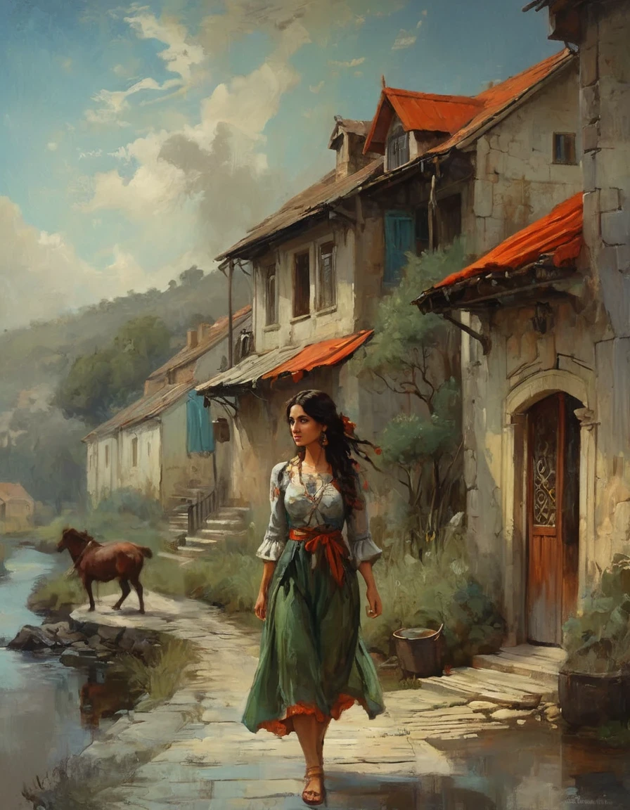 oil painting a landscape panoramic view of with a beautifull landscape and one rustica house, a beautiful gypsy woman wearing a blue and green dress, walking through the streets of the village magnifent oil painting, artstation style, fantasy art style by Abigail Larson, Ralph Blakelock, john william waterhouse, high detail, 8k, style midjourney