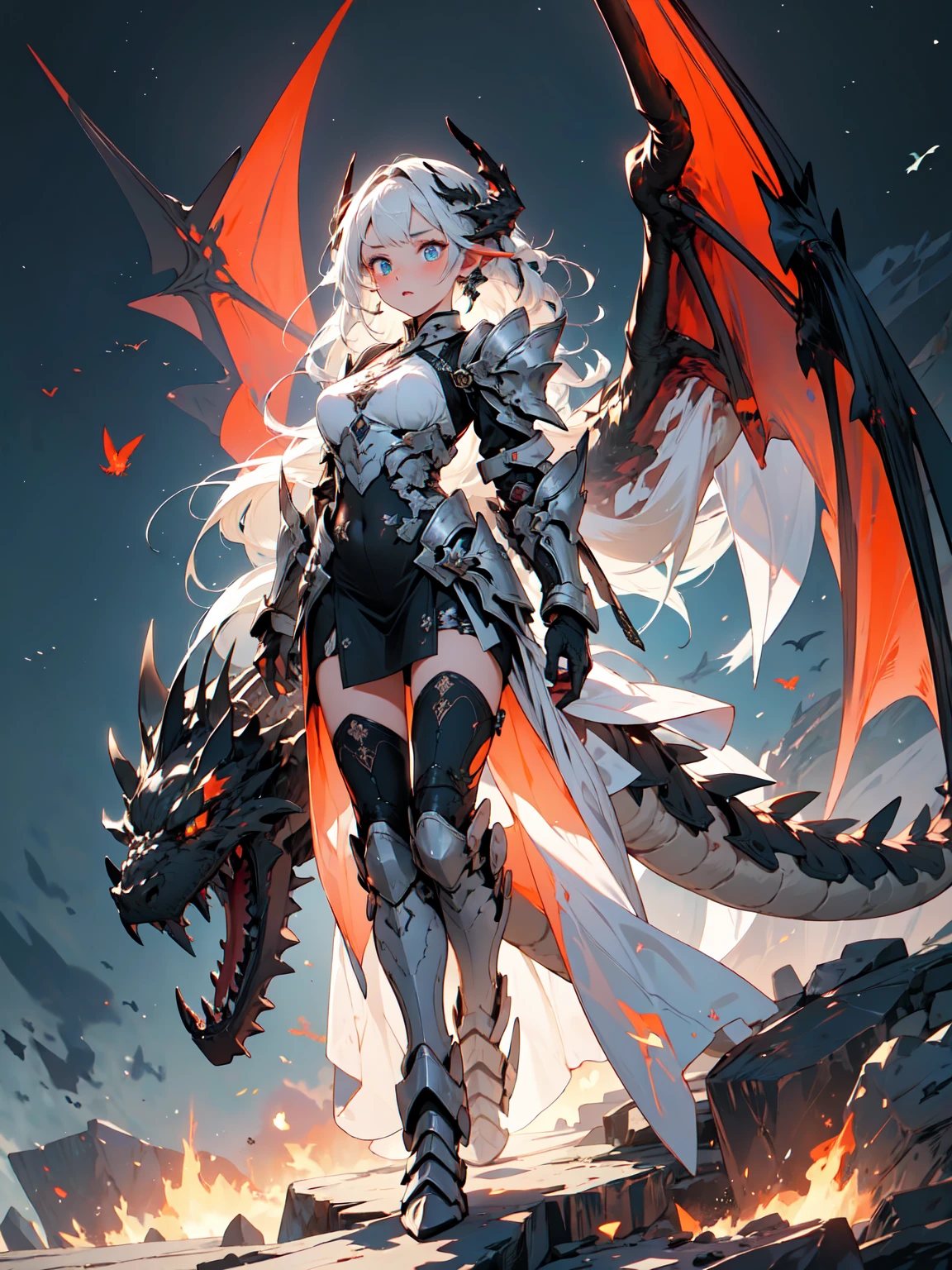 (masterpiece), (best quality), (high uqality), (8k), girl, (full-body), dragon armor, intricate details, red glow, short shilver hair, back messy hair, detailed hair strands, light blue eyes, dominance expression, walking in lesser caotic place as she rule the world, fire background, and dragons in the night sky, fierce aura, (high quality ilumination)
