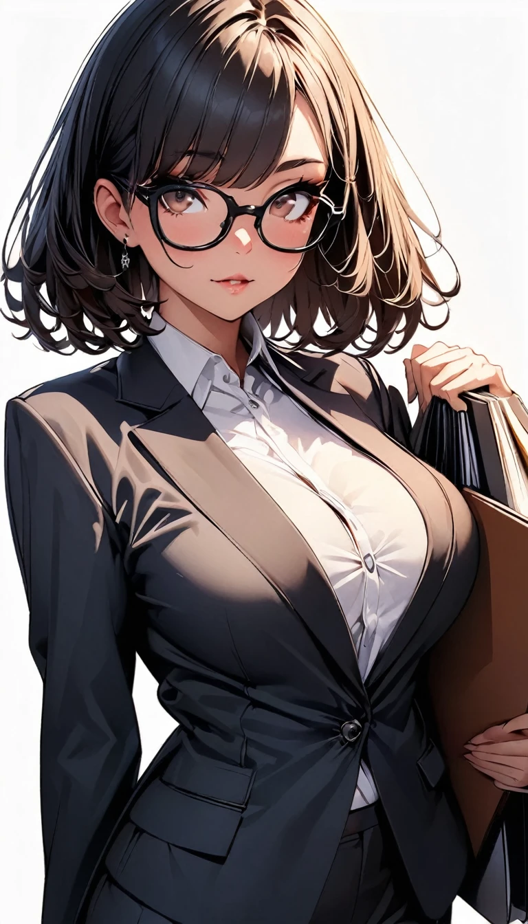 (highest quality:1.2, Very detailed, up to date, Vibrant, Ultra-high resolution, High Contrast, masterpiece:1.2, highest quality, Best aesthetics), Portraiture、girl、solo, ((25-years-old:1)), Bright colors、Beautiful fine details、Beautiful lip detail, short hair、black hair, ((Long bangs:1)), (messy hair:0.6), brown eyes, (thick black frame glasses:1.3), suit, holding documents folder, ((slim body:0.6)), (big breast:0.7), (white background:1.5), ((no background)), (cowboy shot:1.8), (look at viewer:1),standing,