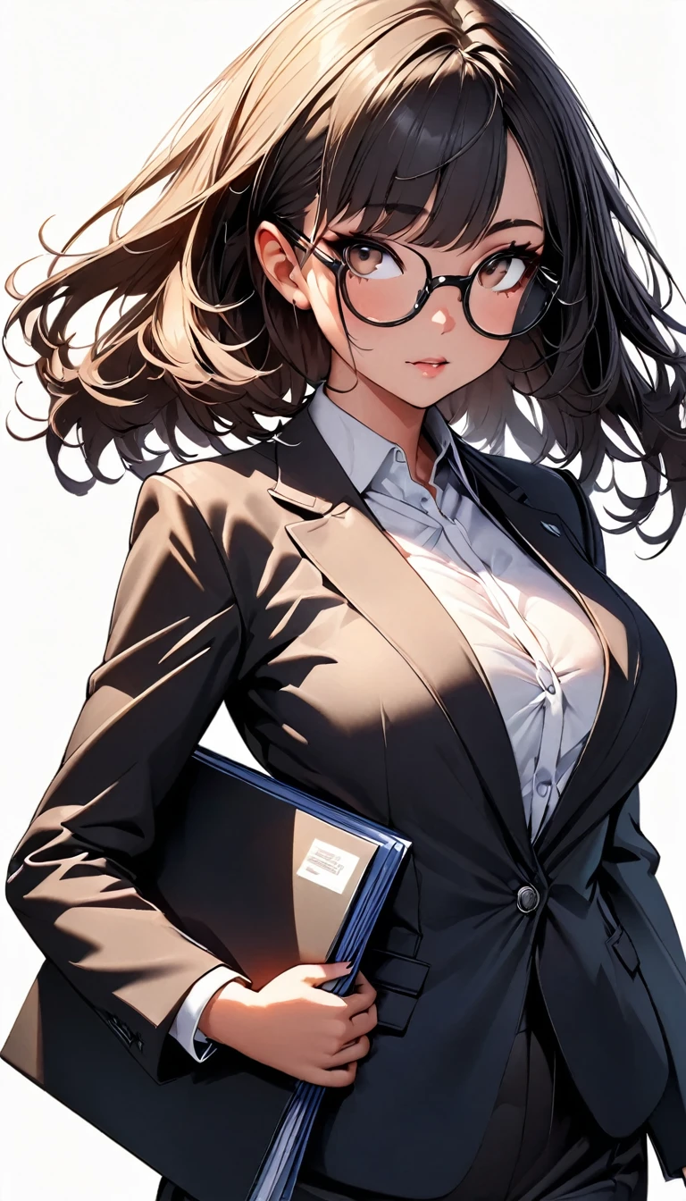 (highest quality:1.2, Very detailed, up to date, Vibrant, Ultra-high resolution, High Contrast, masterpiece:1.2, highest quality, Best aesthetics), Portraiture、girl、solo, ((25-years-old:1)), Bright colors、Beautiful fine details、Beautiful lip detail, short hair、black hair, ((Long bangs:1)), (messy hair:0.6), brown eyes, (thick black frame glasses:1.3), suit, holding documents folder, ((slim body:0.6)), (big breast:0.7), (white background:1.5), ((no background)), (cowboy shot:1.8), (look at viewer:1),standing, 