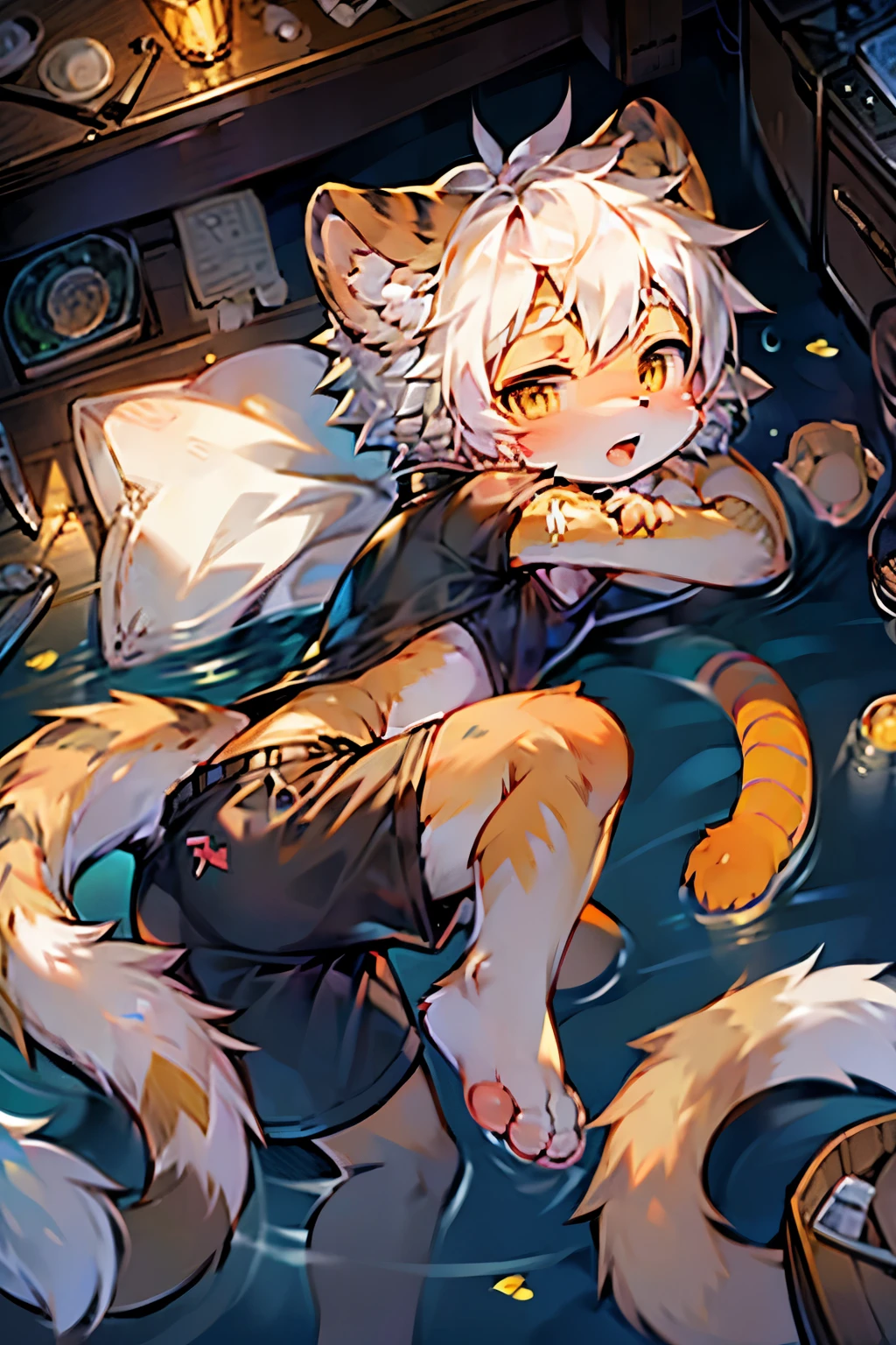 Tiger Girl,Tiger characteristics,Baby characteristics,Orange Skin,Black pattern,White hair,Pink short sleeves,shorts