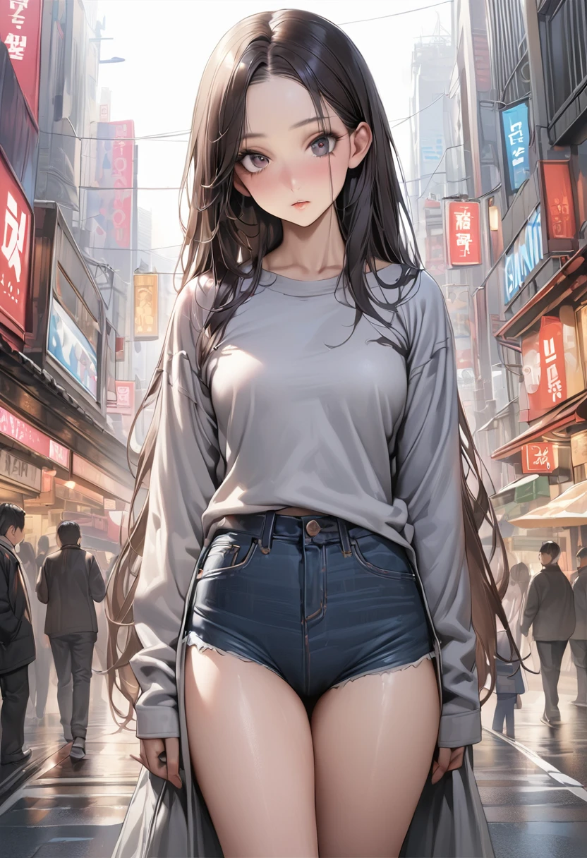 ((masterpiece,Highest quality:1.3,best quality illustration)),realistic,cowboy shot,独奏,1woman,(25 year old beauty),((very small head:1.3)),black hair,long hair,forehead,center parted bangs,black eyes,gorgeous big eyes,((very long body,skinny)),medium breasts,gleaming skin,slender body,skinny,(oversized gray sweatshirt)、Denim Microshorts、standing,on street,Shinjuku、Tokyo、