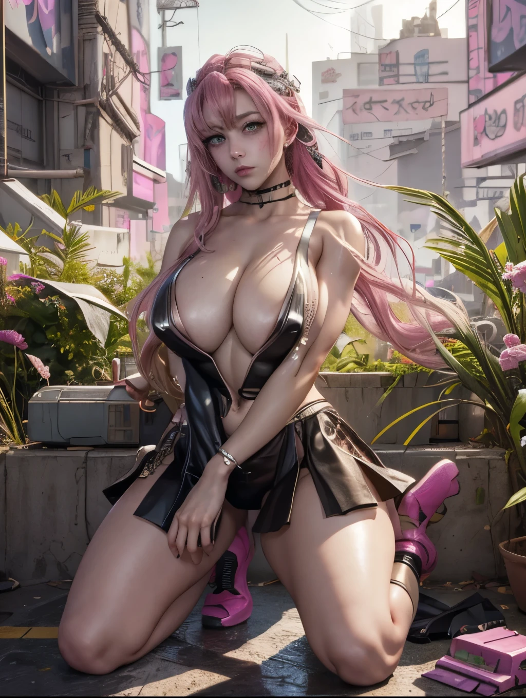 Full body like，Anime girl with pink hair and futuristic costume in the city, Hyper-realistic cyberpunk style, cyberpunk anime girl, Digital cyberpunk anime art, dreamy cyberpunk girl, Anime style. 8K, female cyberpunk anime girl, digitl cyberpunk - anime art, portrait anime space cadet girl, the cyberpunk girl portrait, beautiful cyberpunk girl face, anime styled 3d, photorealistic anime girl rendering，(RAW photo:1.2)，camel-toe，Hollow-out on，sweat leggs，， Smooth pink skin, shiny metallic glossy skin, Shiny, 　spread their legs　M-shaped legs,angry look,sullenness,Irritated， all over body，Full body like