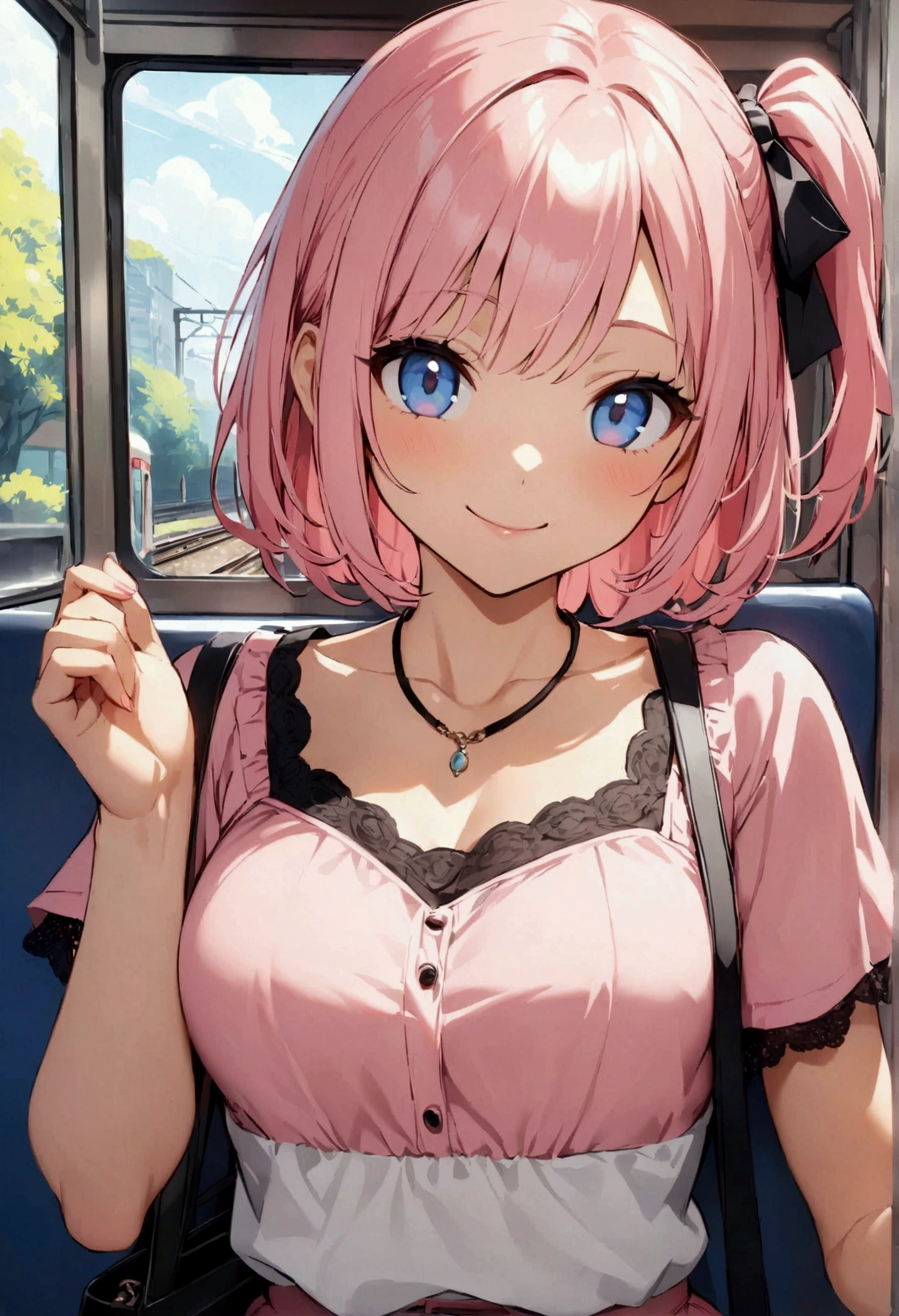 (high resolution,high quality)anime、Beauty、cute、Stylish、Pink Hair、One Side Up、sexy、Stylish casual clothes、Pink short sleeve top、hot pants、View your viewers、smile、on the train