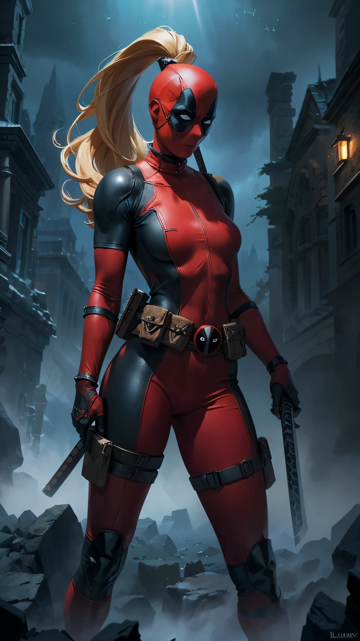 masterpiece, best quality, highres, contrapposto,BodySuit_lady_deadpool_ownwaifu,
1girl, mask, blonde hair, ponytail, long hair, large breasts, no pupils, 
bodysuit, skin tight, superhero, belt pouch, utility belt, red bodysuit, gloves, weapon on back, thigh pouch, thigh strap, thigh holster, belt buckle, turtleneck, light particles, depth_of_field, scenery, night, closeup, solo,Epic Fantasy Art Style HD, 4K fantasy art, epic fantasy digital art style, epic fantasy art style, Fantasy Woman, epic fantasy art portrait, Epic fantasy style, hyperrealistic fantasy art, hd fantasy art, Epic fantasy character art, epic fantasy art, in style of dark fantasy art, epic fantasy digital art, ,(Fondo de ruinas de mazmorra en ruinas:1.4 ),(Lady Deadpool:1.4), (iluminación cinematográfica :1.4), (anatomía perfecta :1.4), (pose vaquero) 