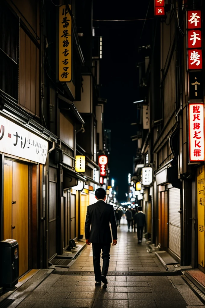 An Asian man, walking down a dark alley, in Tokyo City, cinematic