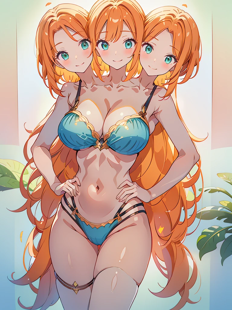 (masterpiece, best quality), best resolution, (3heads:1.5), 1girl, orange hair, green eyes, left hand behind head, right hand on hip, smiling, seductive, light blue bikini, sexy pose, white background