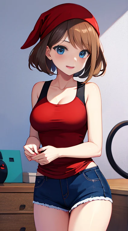 Brown hair，blue eyes，short hair，double tail，Red headscarf，Red race swimsuit，Xiaoyao【Pokémon】blush，smile，big breasts，denim shorts，bedroom background, standing, idle