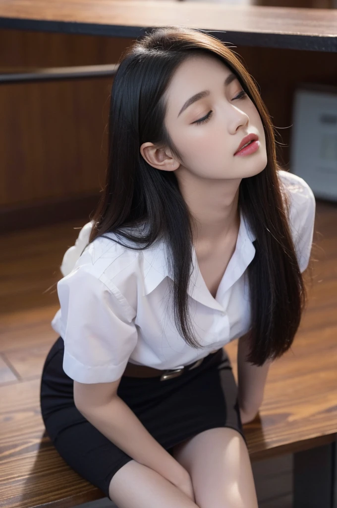 side pose:1.2, thai university uniform:1.4,Close ~ eyes:1.2,Open your mouth:1.2,Tired face:1.2,Face of Suffering:1.2,sky face:1.2,sleeping face:1.2, white short-sleeve button up shirt:1.2, black tight mini skirt:1.2, brown suede belt:1.2, silver metal shirt buttons:1.2, black straight long hair, masterpiece、beautiful girl、fine 目、puffy eyes、highest quality, High resolution, (reality: 1.4), Cinema Lighting,so beautiful、Beautiful Skin、(super reality)、(High resolution)、(8k)、(Very detailed)、(beautiful and fine 目)、(Very detailed)、 Detailed face, 20s, in the dark classroom:1.3, looking up face:1.2, dark tone:1.2, cowboy shot:1.1, hair on the face:1.2, hide hands between legs:1.2, slim and perfect figure, perfect body proportions