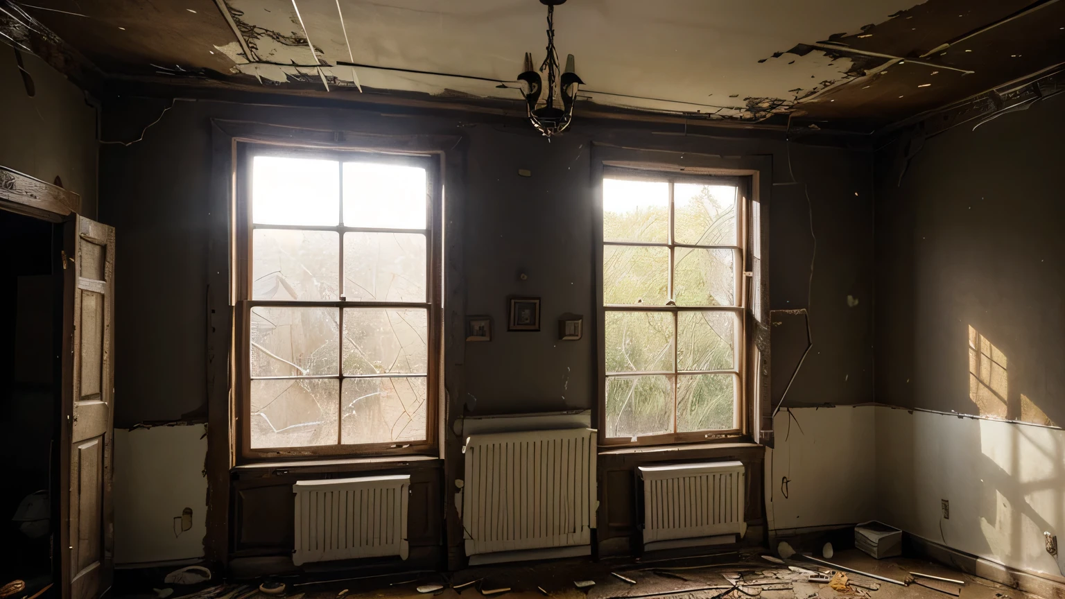 Interior of an old, abandoned house. The windows are broken, and cobwebs hang from the corners. The wooden floors creak with every step, and an old, flickering candle provides the only light. The furniture is covered in dust, and old portraits on the walls seem to watch whoever enters.