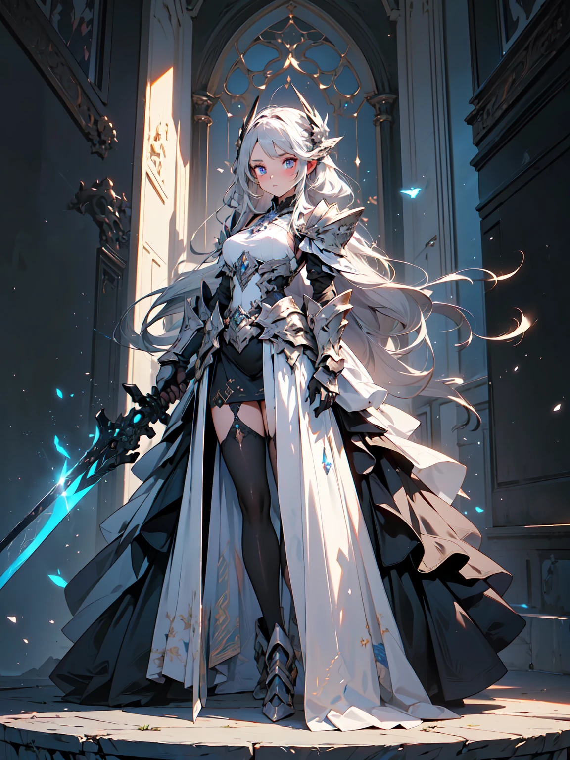 (((masterpiece, best quality, high detailed, 8k))) Design a layout showcase Gaming character, (1girl). Purple|Silver full body armor, stylish and unique. ((showcase weapon:1.4)), magical orb. (masterpiece:1.2), (best quality), 4k, ultra-detailed. (Step by step design, layout art:1.5), (luminous lighting, atmospheric lighting). sorceress, ((glove full hands)), (((revealing clothes:1.3))), vambraces, armored legwear, (((full_body_shot:1.4))). {In an enchanted castle}.