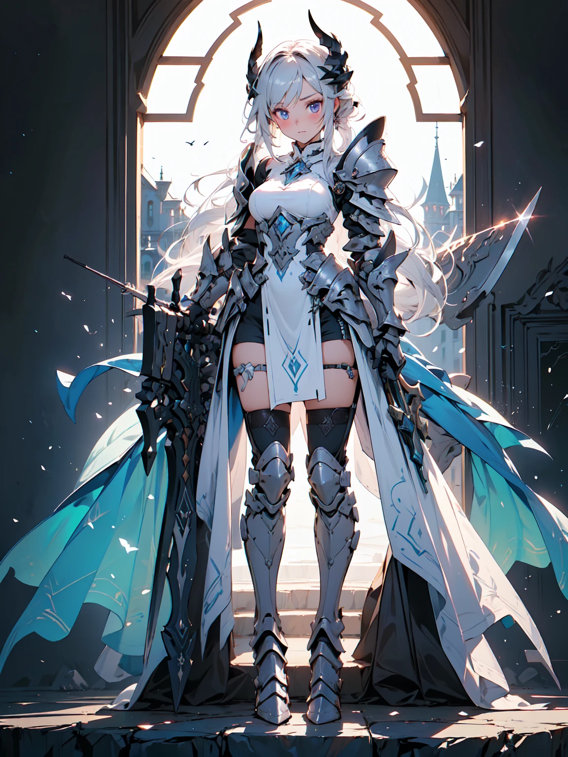 (((masterpiece, best quality, high detailed, 8k))) Design a layout showcase Gaming character, (1girl). Purple|Silver full body armor, stylish and unique. ((showcase weapon:1.4)), magical orb. (masterpiece:1.2), (best quality), 4k, ultra-detailed. (Step by step design, layout art:1.5), (luminous lighting, atmospheric lighting). sorceress, ((glove full hands)), (((revealing clothes:1.3))), vambraces, armored legwear, (((full_body_shot:1.4))). {In an enchanted castle}.
