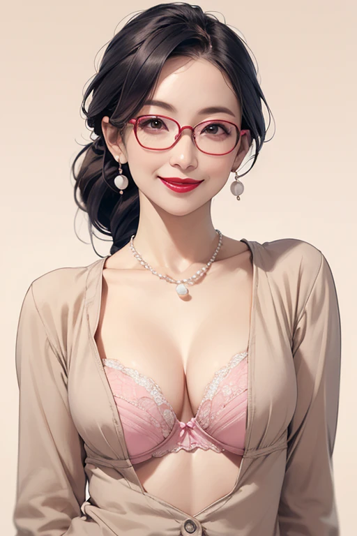 Beautiful mature Japanese woman aged 55, One woman, Married women, Long eyelashes, Low Ponytail, Hair fluttering, Red lipstick, Pink Cheeks, Pearl Necklace, Earrings, Dark eyeshadow, wear glasses, Cleavage, ((Beige bra)), Beautiful body, Beautiful smile, Pink Background, Focus on the whole body, pussy, nsfw