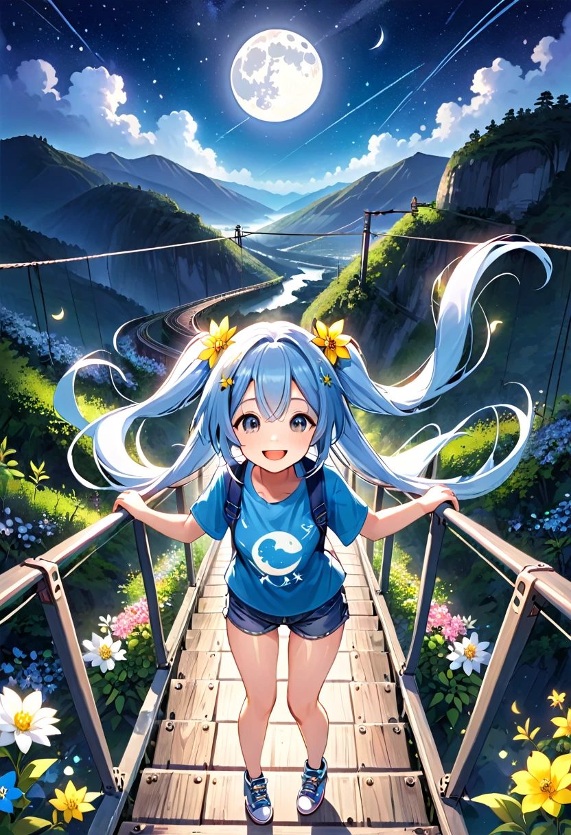 Light blue long hair、Twin-tailed Chibi Character、Bigger in the center、Bright smile、T-shirt and denim shorts、Crossing a suspension bridge over a valley、From the top of the suspension bridge、Looking fearfully into the valley、Flowers around the valley々Surrounded by、Night Sky、shooting star、moon、Face Highlights