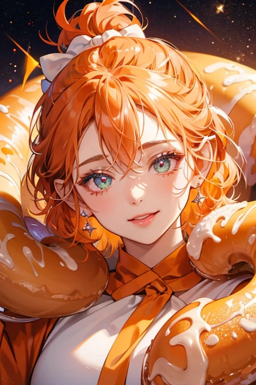 A cruller donut with orange icing covering the top of her head and ears. She has her tongue sticking out and winks one eye. On her head is a plain donut bow. SPARKLE; GLITTER