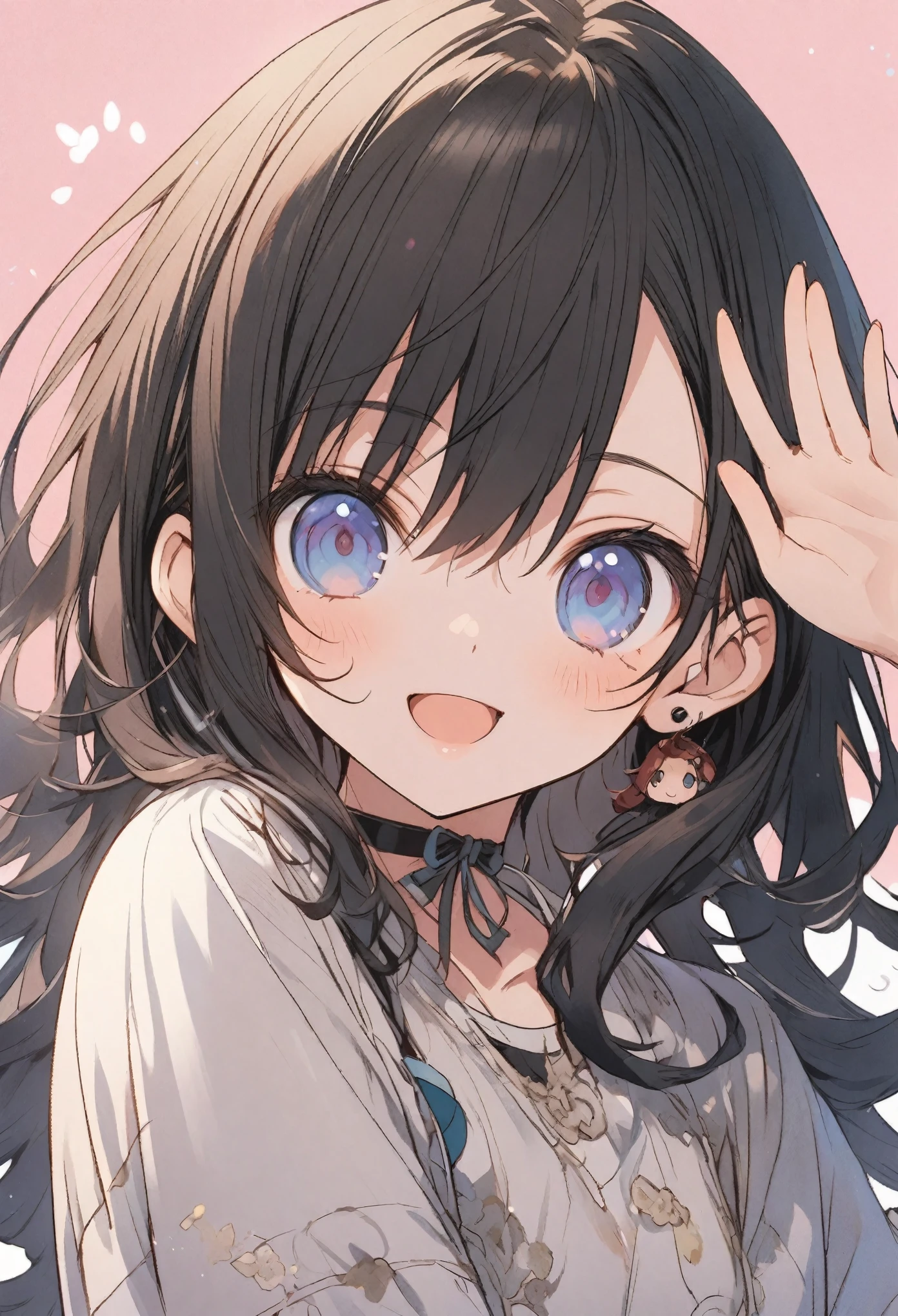 An anime illustration with the upper body peeking out from the right edge of the screen、Chibi character、Looking at the viewer and waving