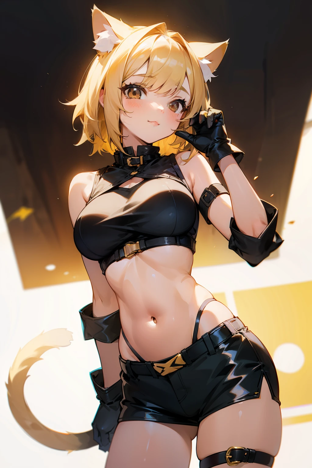 Cute girl, blonde hair, brown eyes, cat ears, cat gloves, cat tail, big breasts, exposed belly, short shorts