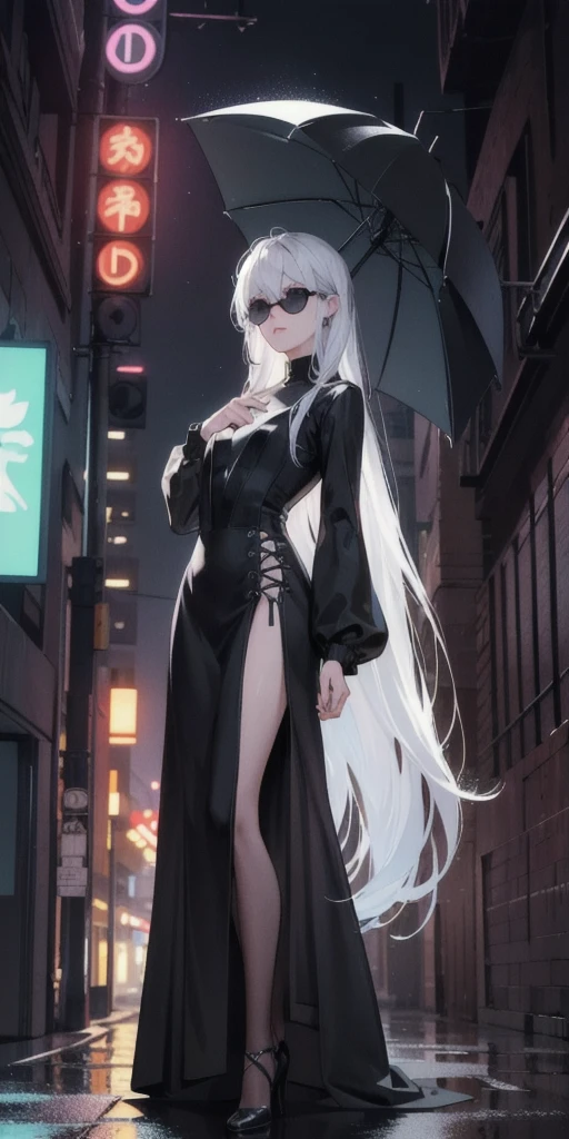 Setting: Atmospheric Street Background (Think bustling city street at night with neon lights and rain, a foggy alleyway, or a deserted highway at dusk) - Choose the specific atmosphere you desire. Character: Appearance: Ultra Quality - High level of detail and realism Shiny Skin - Glowing and healthy Long White Hair - Flowing down the back Narrowed Black Eyes - Focused and intense expression (sharp or piercing) Attire: Long Black Dress - Elegant and flowing Pose: Fingers Crossed - A gesture hinting at hope, nervousness, or even making a wish. Accessories: Sunglasses - Adding a touch of mystery or coolness (consider the style of sunglasses to match the overall mood) Additional Notes: Consider adding details about the character's posture (standing tall, leaning against a wall, etc.) to enhance the scene. The quality of the image is 8K or Cinematic
